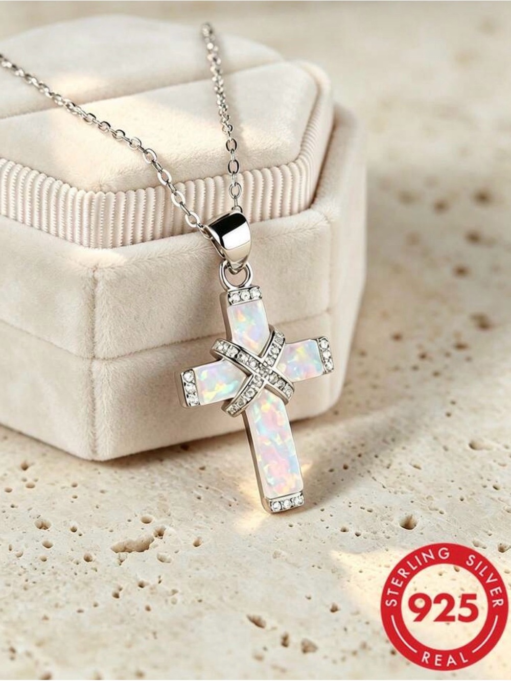 Sterling Silver Opal Cross Pendant Necklace - White Opal Accent